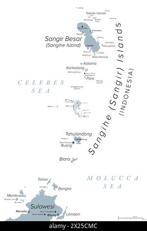 Sangihe Islands, Indonesian archipelago, gray political map. Also Sangir, Sanghir or Sangi Islands, north of Sulawesi, between Celebes and Molucca Sea. Stock Photo