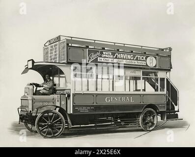 A London General Omnibus Company open-top, double-decker bus S 30 pictured in the 1920s – its destination board indicates it was en route to Mitcham. Adverts on the bus include one for Pears’ shaving stick. S 30 (XD 8322) was an S-type bus, first introduced in 1921 – a vintage 1920s photograph. Stock Photo