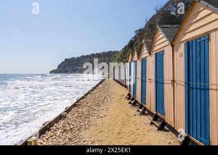 Beach Huts on the Channel Coast in Shanklin on the Isle of Wight, England, UK Stock Photo