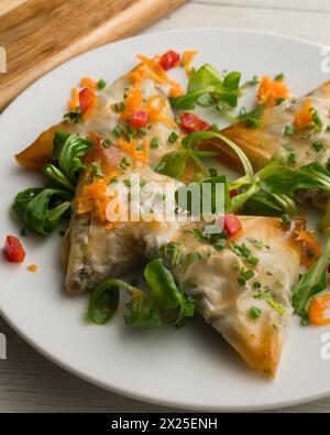 Brick triangles filled with meat and eggplant. Stock Photo