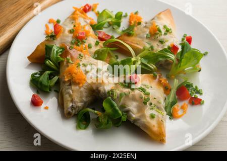 Brick triangles filled with meat and eggplant. Stock Photo