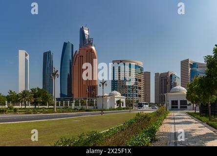 A picture of the Etihad Towers, the Khalidiya Palace Rayhaan by Rotana Hotel and the Abu Dhabi National Oil Company Headquarters. Stock Photo