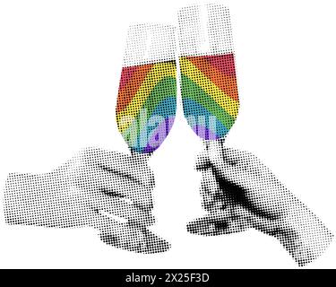 Hands holding champagne glasses halftone collage vector illustration Stock Vector