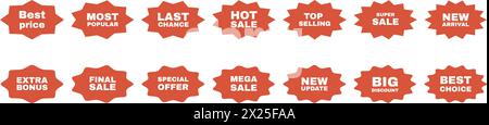 Collection of starburst badge label for sale promotion. Red silhouette stickers set with text. Stock Vector