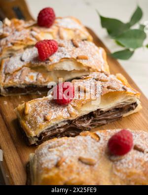Chocolate San Juan Coca. Traditional San Juan cake to celebrate the arrival of summer in Spain made with puff pastry and cocoa cream. Stock Photo