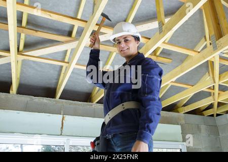 female woodworker on stepladder holding hammer Stock Photo