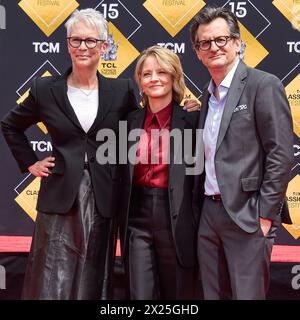 Hollywood, United States. 19th Apr, 2024. HOLLYWOOD, LOS ANGELES, CALIFORNIA, USA - APRIL 19: Jamie Lee Curtis, Jodie Foster and Ben Mankiewicz attend the 15th Annual TCM Classic Film Festival 2024 - TCM Hosts Handprint And Footprint Ceremony Honoring Jodie Foster held at the TCL Chinese Theatre IMAX Forecourt on April 19, 2024 in Hollywood, Los Angeles, California, United States. ( Credit: Image Press Agency/Alamy Live News Stock Photo