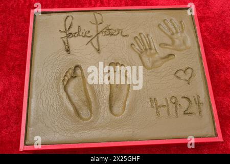 Hollywood, United States. 19th Apr, 2024. HOLLYWOOD, LOS ANGELES, CALIFORNIA, USA - APRIL 19: Jodie Foster's Handprint and Footprints are displayed during the 15th Annual TCM Classic Film Festival 2024 - TCM Hosts Handprint And Footprint Ceremony Honoring Jodie Foster held at the TCL Chinese Theatre IMAX Forecourt on April 19, 2024 in Hollywood, Los Angeles, California, United States. ( Credit: Image Press Agency/Alamy Live News Credit: Image Press Agency/Alamy Live News Stock Photo