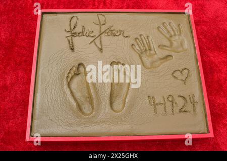 Hollywood, United States. 19th Apr, 2024. HOLLYWOOD, LOS ANGELES, CALIFORNIA, USA - APRIL 19: Jodie Foster's Handprint and Footprints are displayed during the 15th Annual TCM Classic Film Festival 2024 - TCM Hosts Handprint And Footprint Ceremony Honoring Jodie Foster held at the TCL Chinese Theatre IMAX Forecourt on April 19, 2024 in Hollywood, Los Angeles, California, United States. ( Credit: Image Press Agency/Alamy Live News Credit: Image Press Agency/Alamy Live News Stock Photo