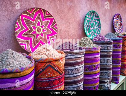 Marrakesh, Morocco. Colorful spices and dyes found at souk market Stock Photo