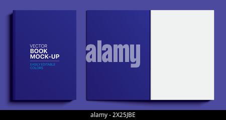 Blue book cover and title page realistic vector mockup. Closed and opened book on blue background. Stock Vector