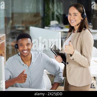 Customer support, thumbs up and portrait of people with tablet for help, call center and success. Communication, telemarketing office and man and Stock Photo