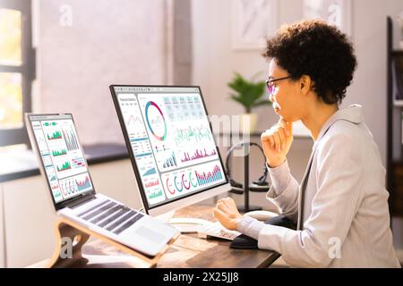Hybrid laptop on financial market analytics dashboard display Stock Photo