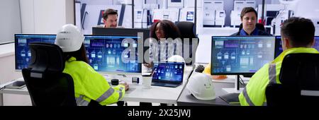 Diverse Multiracial Business Team Wearing AI Helmet System Stock Photo
