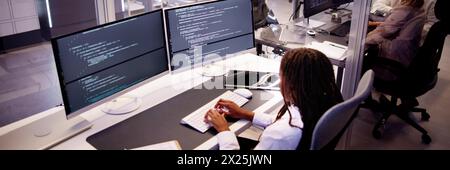Woman programmer using computer data coding in banner. Stock Photo