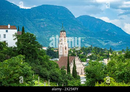 Late Gothic parish church of St Nicholas in Meran, Burgraviato, South Tyrol, Italy. Stock Photo