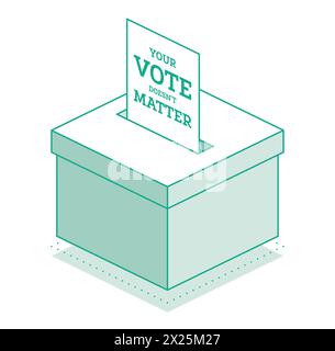 Isometric voter ballot inserted in ballot box. The ballot has the message: Your vote doesn't matters. Outline objects isolated on white background. Stock Vector