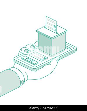 Hand hold phone. Isometric online voting and election concept using the smartphone. Vector illustration. Smartphone with vote on screen. Stock Vector