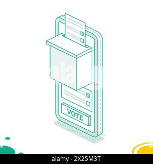 Isometric online voting and election concept using the smartphone. Vector illustration. Smartphone with vote on screen. Stock Vector