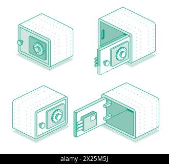 Isometric safe with open and closed doors. Outline object isolated on white background. Vector illustration. Icon of security. Empty safe shown from d Stock Vector
