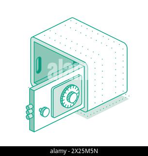 Isometric safe with open door. Outline object isolated on white background. Vector illustration. Icon of security. Empty safe. Stock Vector