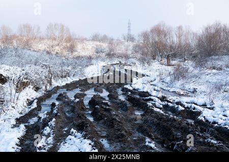 Tire tracks on muddy road with iced puddles, snowy landscape in winter Stock Photo