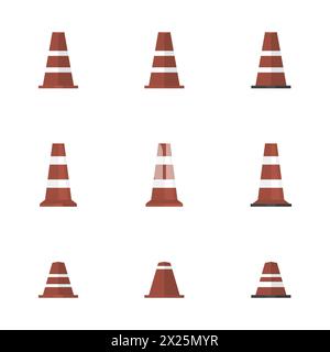 Set of different cone signs road repairs, isolated on white background. Under construction design elements. Front view, flat vector illustration. Stock Vector