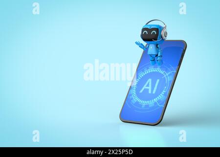 3d rendering cute and small artificial intelligence personal assistant robot on smartphone Stock Photo