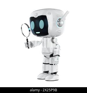 3d rendering cute personal assistant robot with magnifying glass isolated on white Stock Photo
