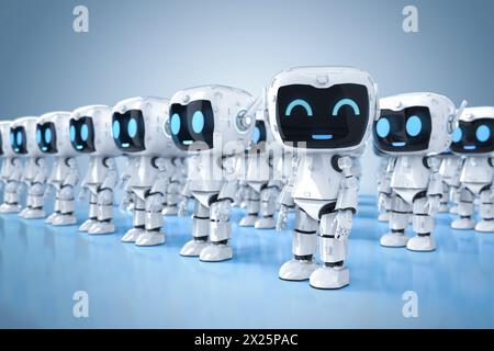 3d rendering group of cute and small artificial intelligence personal assistant robots with cartoon character Stock Photo