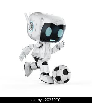 3d rendering cute and small artificial intelligence personal assistant robot play football or soccer Stock Photo