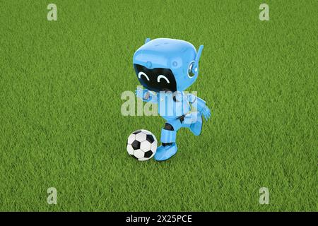 3d rendering cute and small artificial intelligence personal assistant robot play football or soccer Stock Photo
