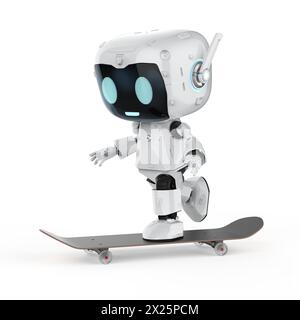 3d rendering cute and small artificial intelligence personal assistant robot play skateboard Stock Photo