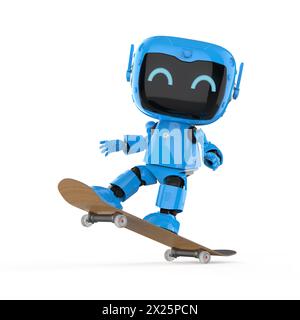3d rendering cute and small artificial intelligence personal assistant robot play skateboard Stock Photo