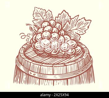 Bunch of grapes with leaves on wooden barrel. Wine, winery sketch vintage vector illustration Stock Vector