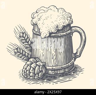 Wooden mug with beer drink. Brewery or pub, hand drawn sketch vector illustration Stock Vector