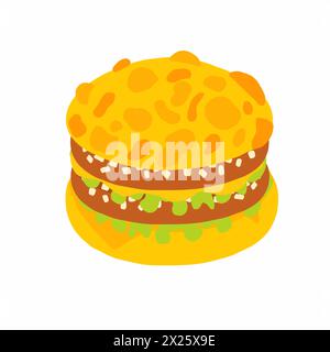 Big burger with cheese bun, double pork cutlets and double cheese, cut onion and fresh sliced lettuce leaf. icon in cartoon flat style. Vector icon is Stock Vector
