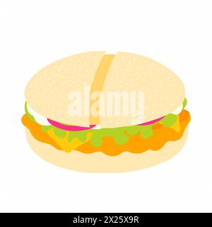 Burger with wheat panini bun, chicken cutlet, cheese, salad, onion and sauce icon in cartoon flat style. Vector illustration isolated on white backgro Stock Vector