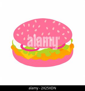 Burger with pink bun, chicken cutlet, cheese, salad, onion and sauce icon in cartoon flat style. Vector illustration isolated on white background. For Stock Vector