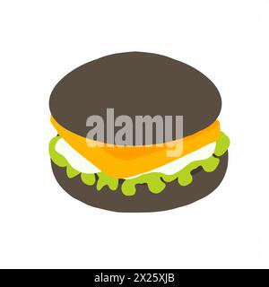 Fish burger with sauce and fresh sliced lettuce leaf icon in cartoon flat style. Black bun, one cutlet. Vector illustration isolated on white backgrou Stock Vector