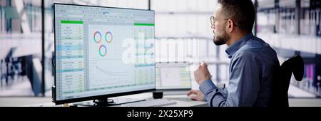 Medical analyst man analyzing data on spreadsheets for accountant Stock Photo