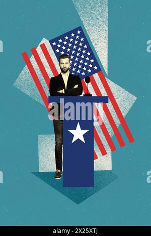 Vertical photo collage of serious man nominee president usa flag stage nation democracy election vote isolated on painted background Stock Photo