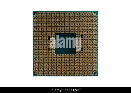 CPU chip closeup isolated with white background; central processing unit minimalist macro Stock Photo