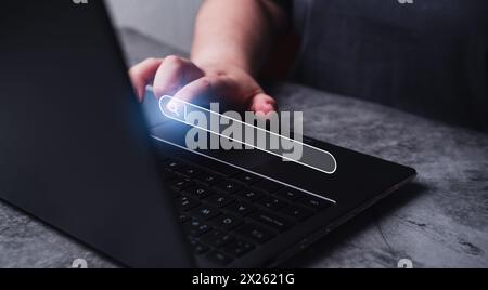 Woman using laptop with VR search bar interface. SEO Search Engine Optimization concept. Ranking traffic on website. Browser concept. Stock Photo