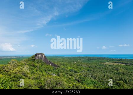 Belitung island aerial landscape from Batu Beginda, a famous massive boulder overlooking the jungle, beach and ocean in Belitung, Indonesia Stock Photo