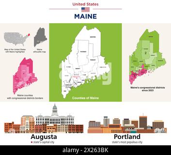 Maine's counties map and congressional districts since 2023 map. Augusta (state's capital city) and Portland (state's most populous city) skylines. Ve Stock Vector