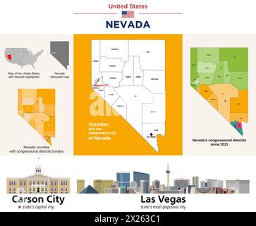 Nevada counties map and congressional districts since 2023 map. Carson City (state's capital city) and Las Vegas (state's most populous city) skylines Stock Vector