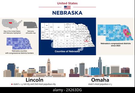 Nebraska counties map and congressional districts since 2023 map. Lincoln (state's capital city) and Omaha (state's most populous city) skylines. Vect Stock Vector