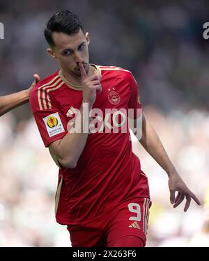 Aberdeen's Bojan Miovski celebrates scoring their first goal of the game during the Scottish Gas Scottish Cup semi-final match at Hampden Park, Glasgow. Picture date: Saturday April 20, 2024. Stock Photo