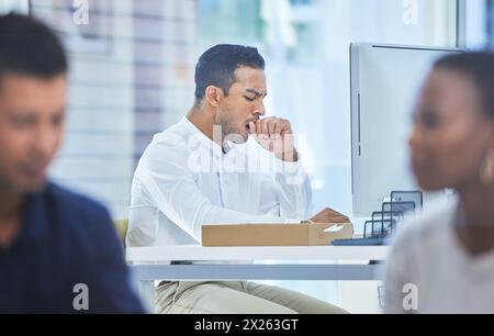 Burnout, yawn and tired businessman with computer in office for planning, reading or project research. Sleepy, fatigue or manager bored in coworking Stock Photo